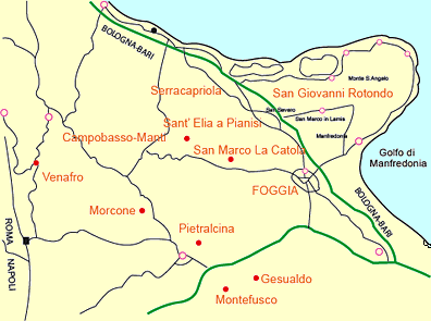 Map showing places connected with Padre Pio